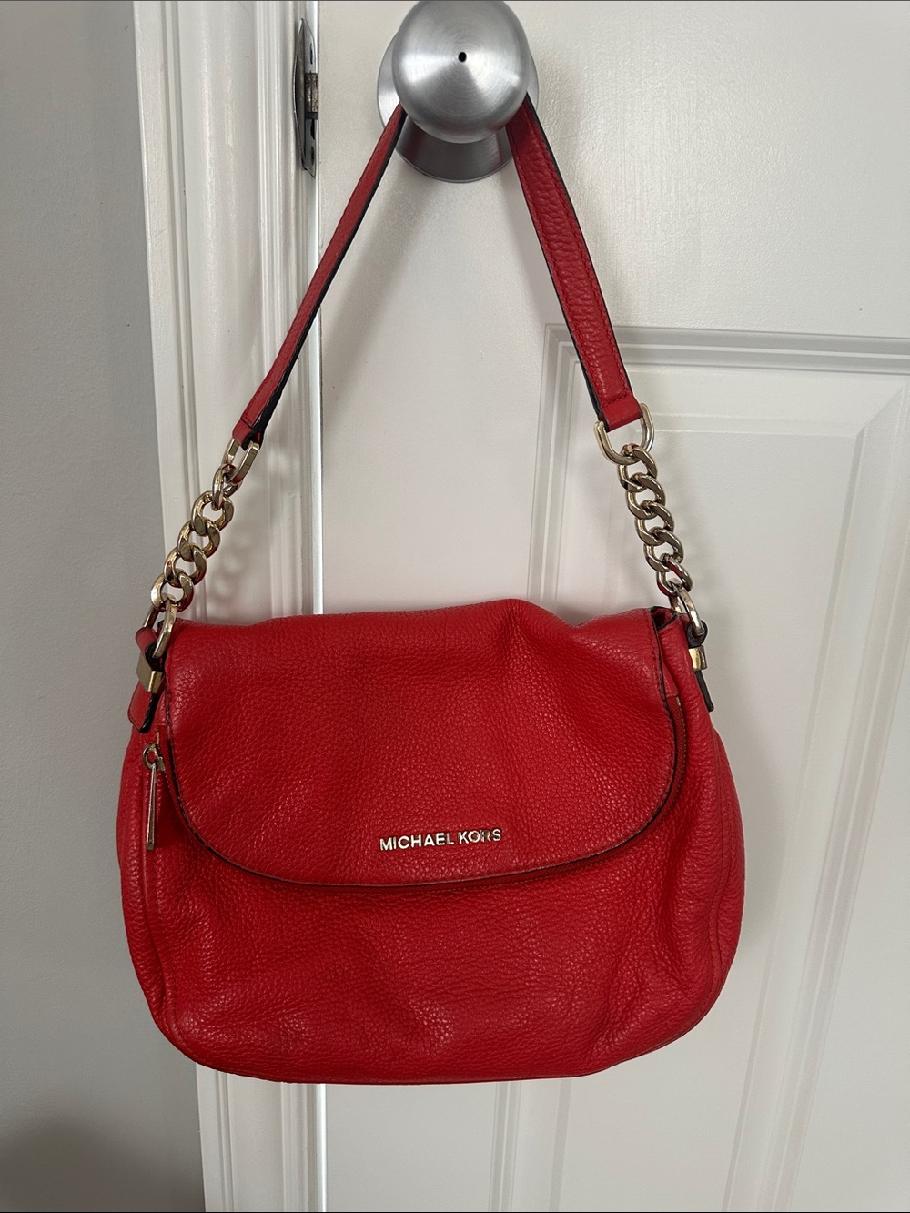 Michael Kors Red Pebbled Leather Shoulder Bag with Gold Chain